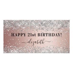 Poster Fête d'anniversaire rose or argent confetti