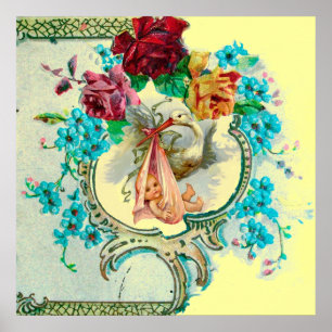 Poster FÊTE DE BÉBÉ FILLE CIGOGNE Jaune
