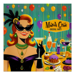 Poster Fête de cocktail rétro des années 50 Mardi Gras
