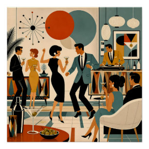 Poster Fête de danse martini branchée milieu du siècle mo