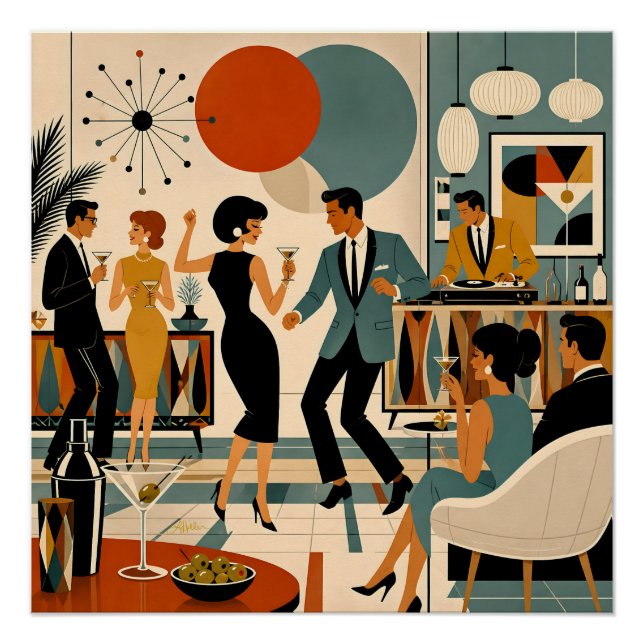 Poster Fête de danse martini branchée milieu du siècle mo (Devant)