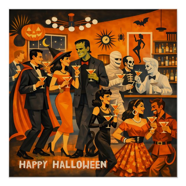 Poster Fête de martini Halloween Moderne du Milieu du Siè (Devant)