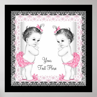 Poster Fête de naissance adorable de jumelles roses