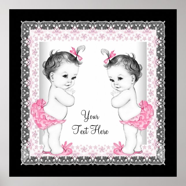 Poster Fête de naissance adorable de jumelles roses (Devant)