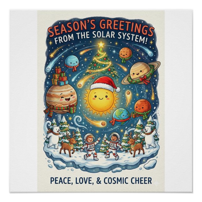 Poster Fête de Noël fantaisiste du système solaire avec d (Devant)