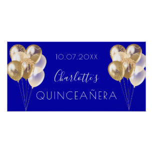 Poster Fête de Quinceañera ballons royaux bleus et dorés