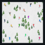 Poster Fête d'Illustration de ski alpin Freeride<br><div class="desc">skieur d'hiver cool design motif avec skieurs skieurs sur les pistes de la station de ski alpin parmi des sapins enneigés dans les alpes. Les skieurs freeride portent des combinaisons de ski rétro vintages et colorées, descendent en ski avec des skis sur un arrière - plan de paysage de montagne...</div>