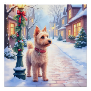 Poster Fête du Cairn Terrier Lampadaire Village Noël