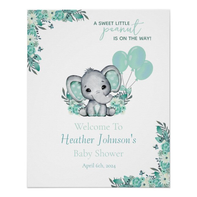 Poster Fête Prénatale Neutre pour Bébé Éléphant (Devant)