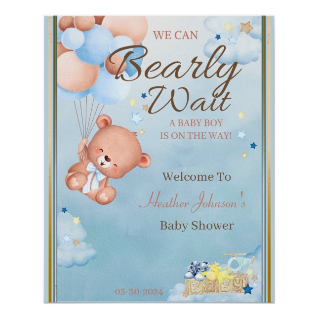 Poster Fête prénatale pour un bébé ours garçon (Devant)