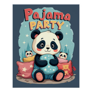 Poster Fête Pyjama Kawaii Panda Soirée Pyjama Cosy
