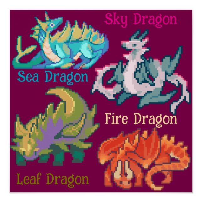 Poster Feuille, ciel, feu, mer Dragon pixel art (Devant)