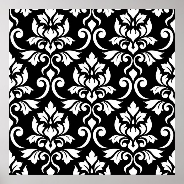 Poster Feuille Damask Grand Motif blanc sur noir (Devant)