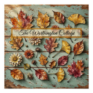 Poster Feuilles d'automne à l'aquarelle et bois rustique