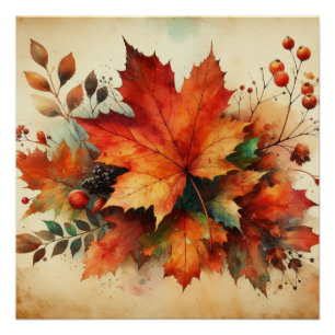 Poster Feuilles d'automne vintage aquarelle couleurs auto