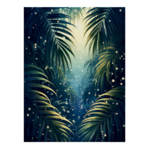 Poster Feuilles de palmier éclairées par la lune avec des