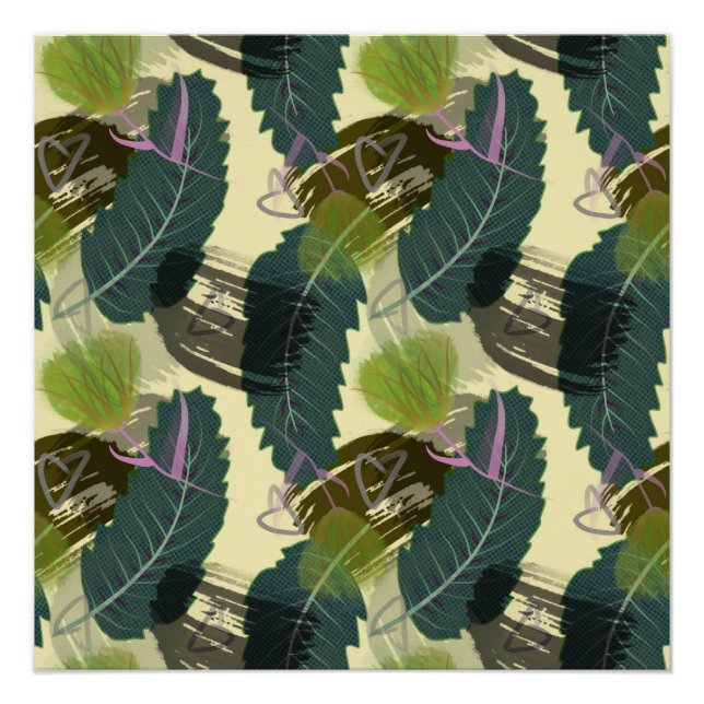 Poster Feuilles tropicaux et fleurs d'aquarelle. (Devant)