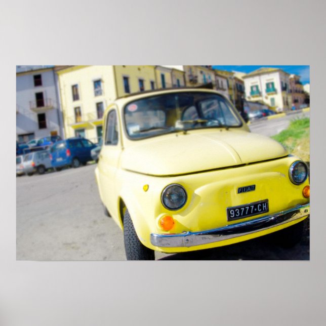 Poster Fiat jaune 500, Cinquecento vintage en Italie (Devant)