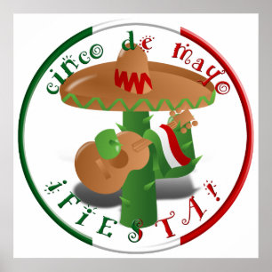 Poster Fiesta Cactus avec guitare et poivrons dansants