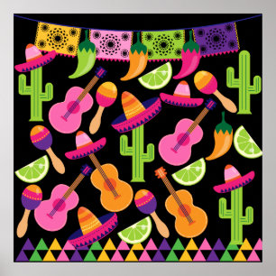 Poster Fiesta Party Sombrero Cactus Lims Peppers Maracas