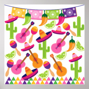 Poster Fiesta Party Sombrero Cactus Lims Peppers Maracas