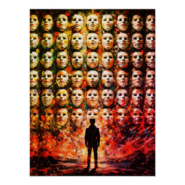 Poster Figure sans visage Foule masquée Impasto Surréalis (Devant)