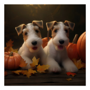 Poster Fil Fox Terrier Puppy Automne Citrouille de plaisi