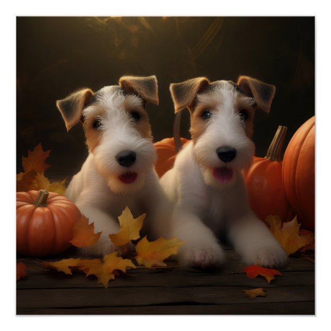 Poster Fil Fox Terrier Puppy Automne Citrouille de plaisi (Devant)