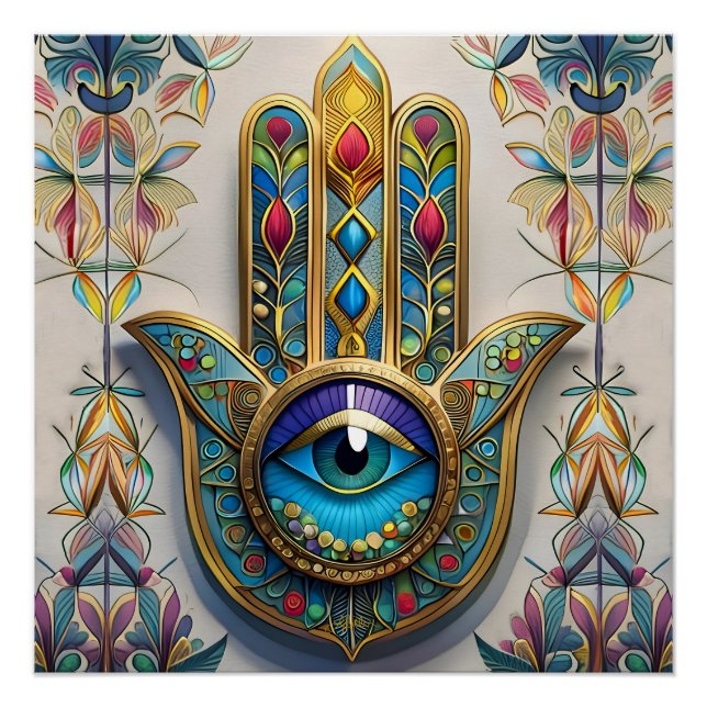 Poster Filigree couleur or bleu-vert troisième oeil Hamsa (Devant)