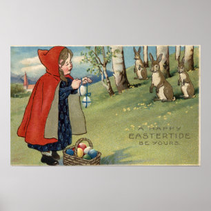 Poster Fille à capuchon rouge distribuant des oeufs aux l