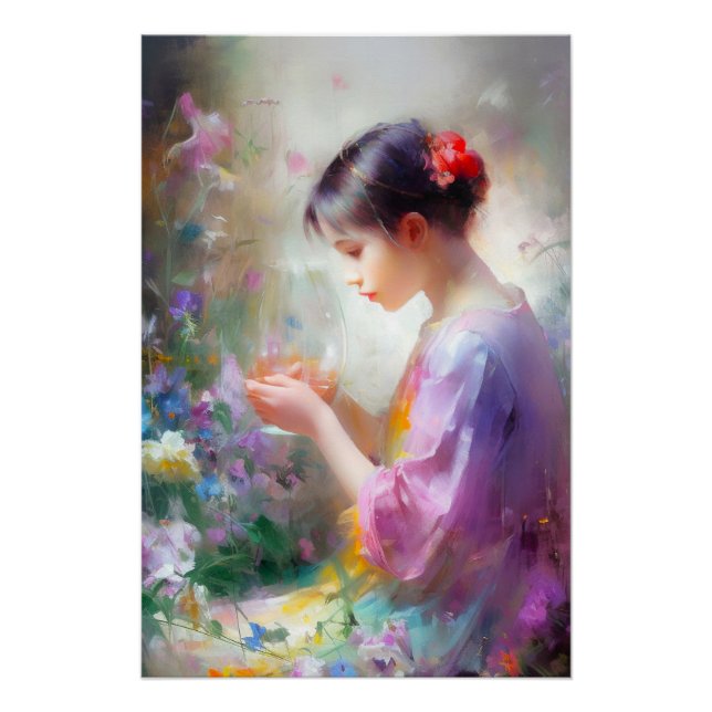Poster Fille admirant une fleur dans ses mains  (Devant)