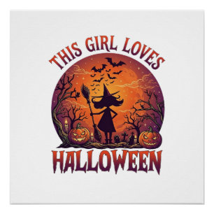 Poster Fille aime Halloween Sorcière Citrouilles Chauves-