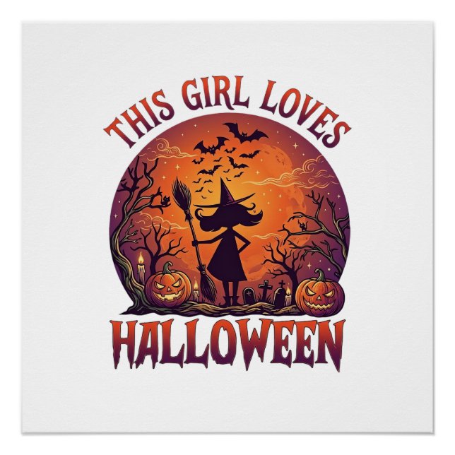 Poster Fille aime Halloween Sorcière Citrouilles Chauves- (Devant)