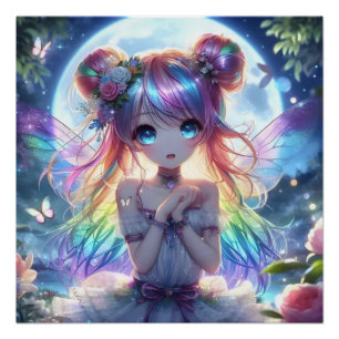 Poster Fille Anime Cheveux Arc-en-Ciel Chantant Fée Lune