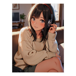 Poster Fille Anime Cosy Écouteurs Musique Esthétique Art