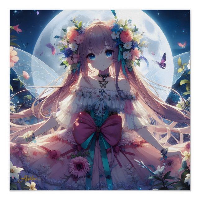 Poster Fille Anime Fleur Lune Fée (Devant)