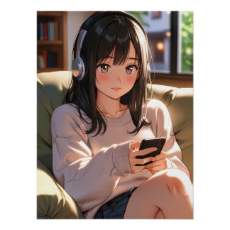 Poster Fille Anime Lofi Confortable Casque Ambiance Décon