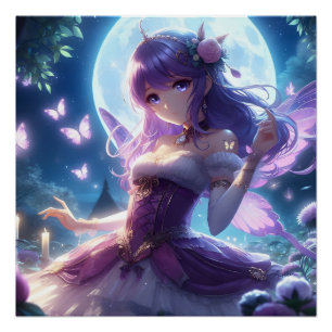 Poster Fille Anime Papillon Violet Aile Lune Fée 