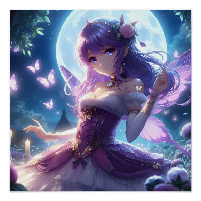 Poster Fille Anime Papillon Violet Aile Lune Fée  (Devant)