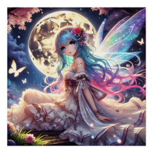 Poster Fille Anime Princesse Fée de la Lune dans un Jardi