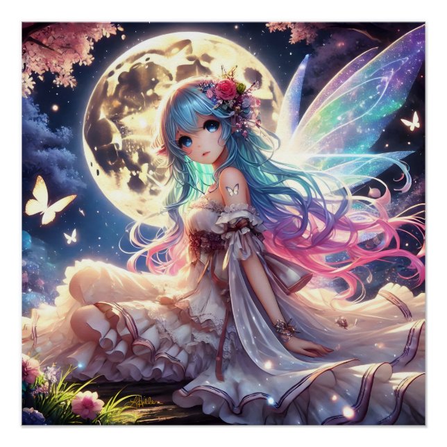 Poster Fille Anime Princesse Fée de la Lune dans un Jardi (Devant)