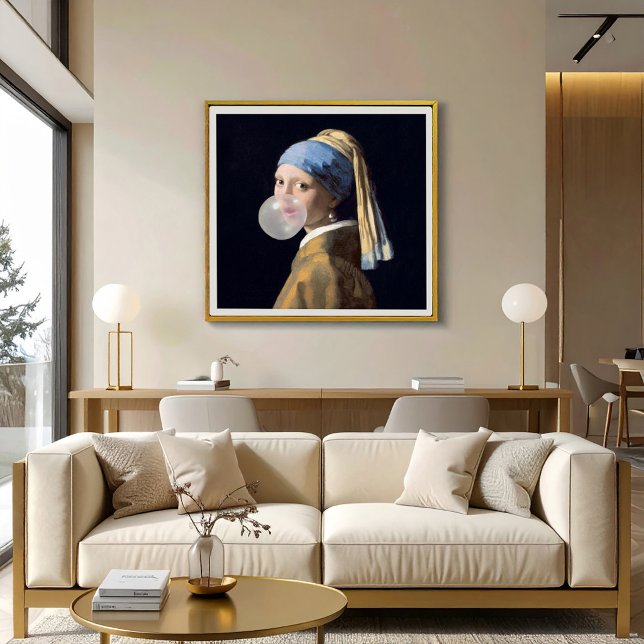 Poster Fille au collier de perles soufflant un bubble gum (Créateur téléchargé)