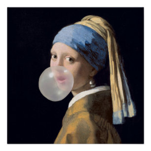 Poster Fille au collier de perles soufflant un bubble gum