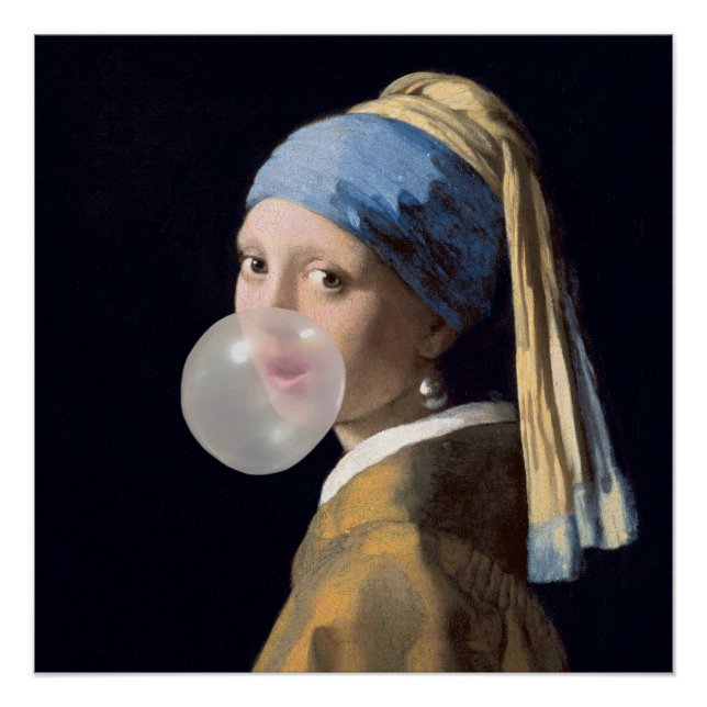 Poster Fille au collier de perles soufflant un bubble gum (Devant)