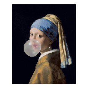 Poster Fille au collier de perles soufflant un chewing-gu
