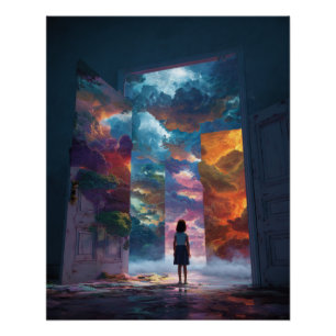 Poster Fille au portail d'un monde de rêve vibrant