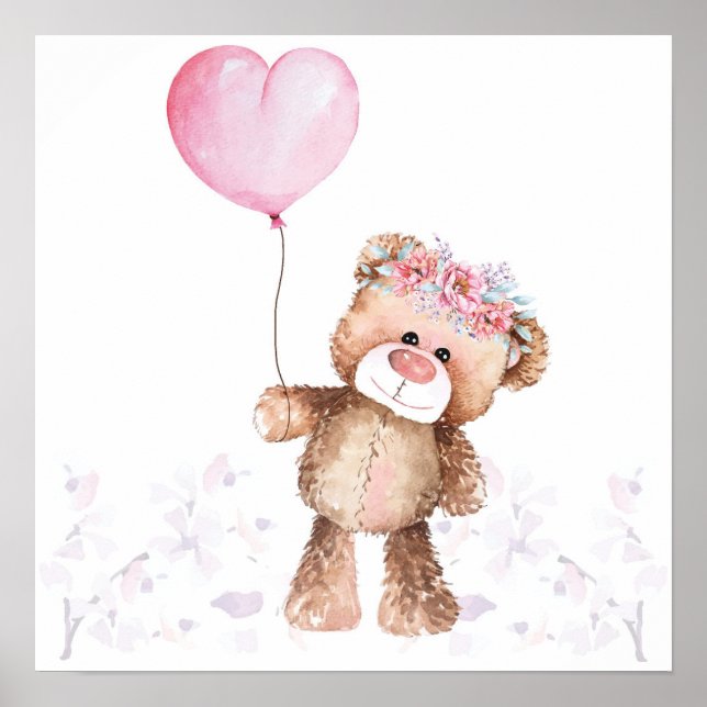 Poster - Fille Bébé Ours Avec Ballons (Devant)