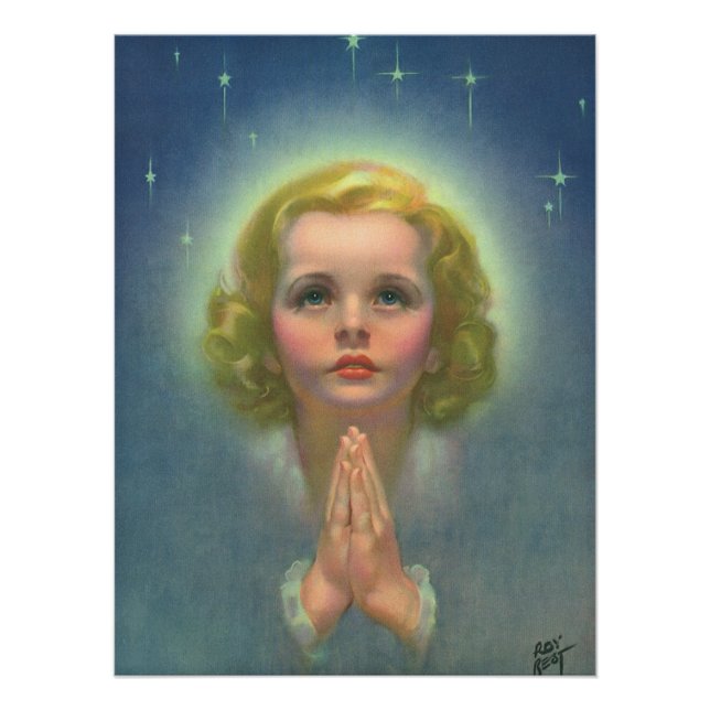 Poster Fille blonde angélique avec halo et étoiles priant (Devant)