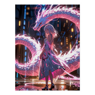 Poster Fille d'anime Cyberpunk Dragon Néon Art Fantastiqu