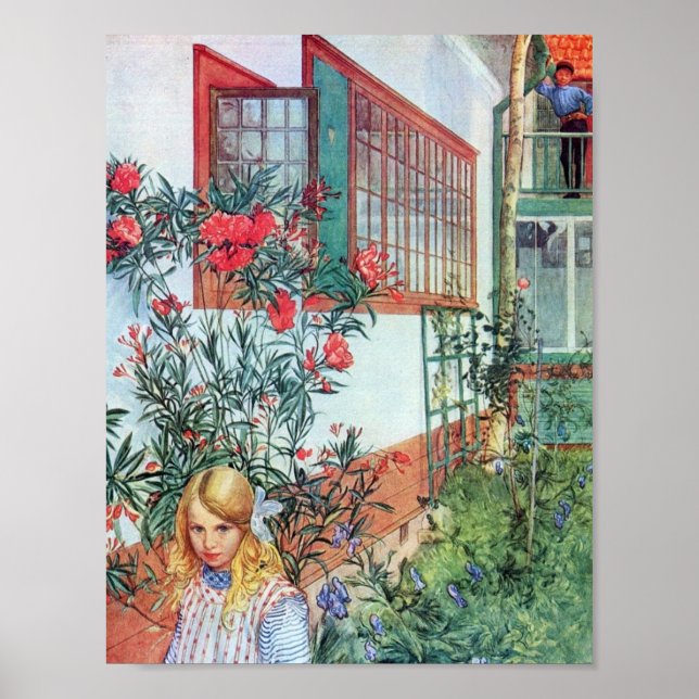 Poster Fille dans le jardin avec des fleurs rouges (Devant)